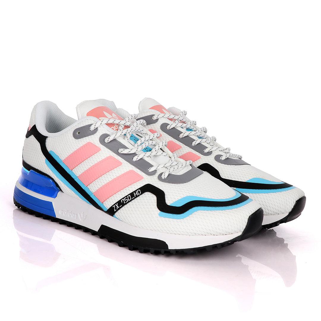 Adidas ZX 750 HD White Sneakers With Classic Peach And Royal Blue Designs - Obeezi
