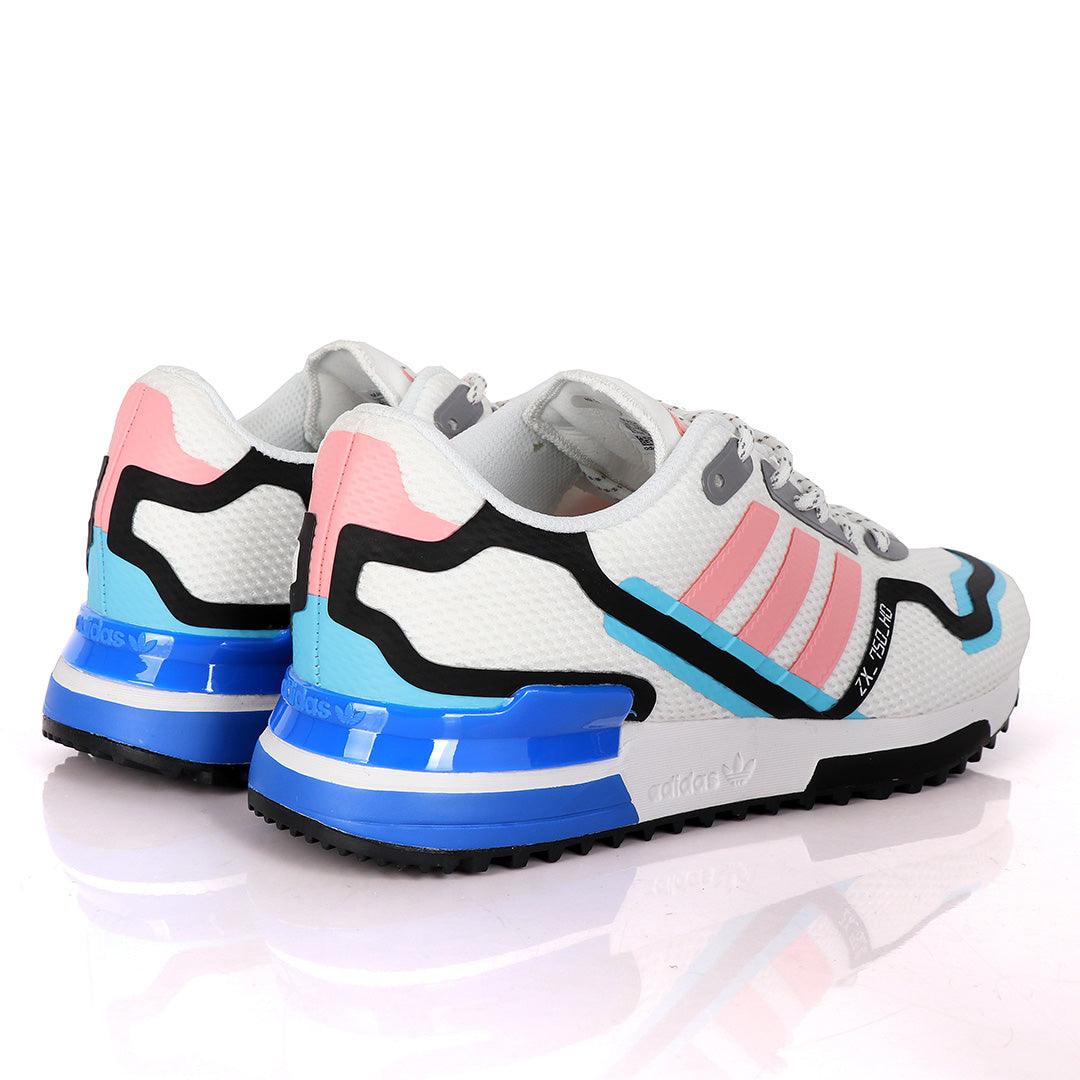 Adidas ZX 750 HD White Sneakers With Classic Peach And Royal Blue Designs - Obeezi