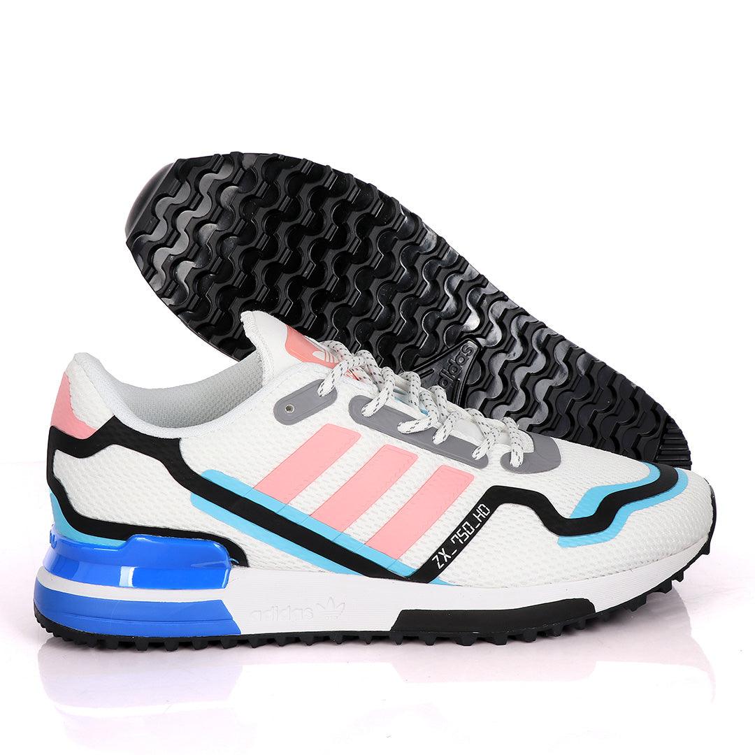 Adidas ZX 750 HD White Sneakers With Classic Peach And Royal Blue Designs - Obeezi