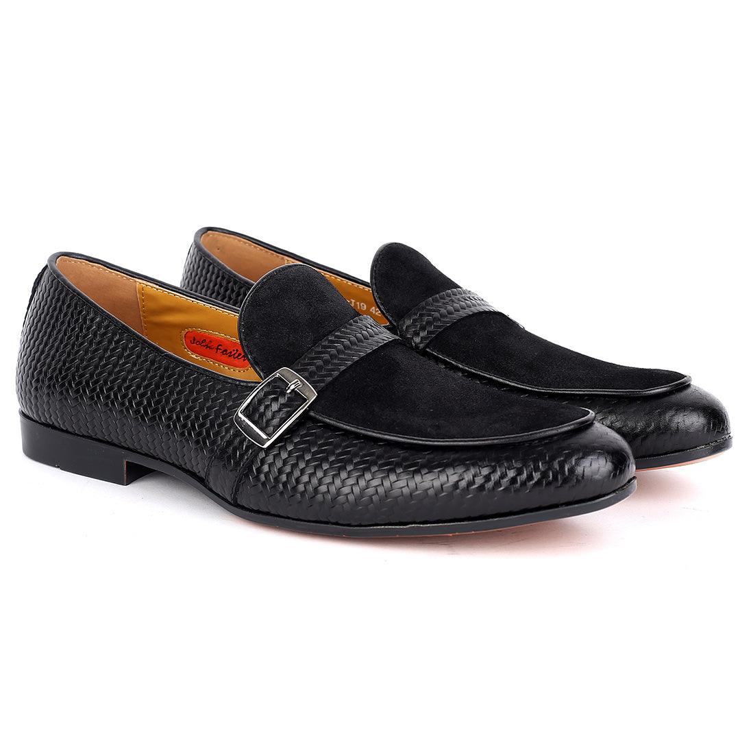John Foster All Round Woven Leather Half Suede Single Belt Buckle-Black - Obeezi.com