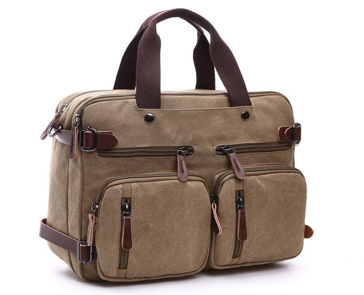 Khaki Vintage Canvas Backpack With Brown Strap Design - Obeezi.com