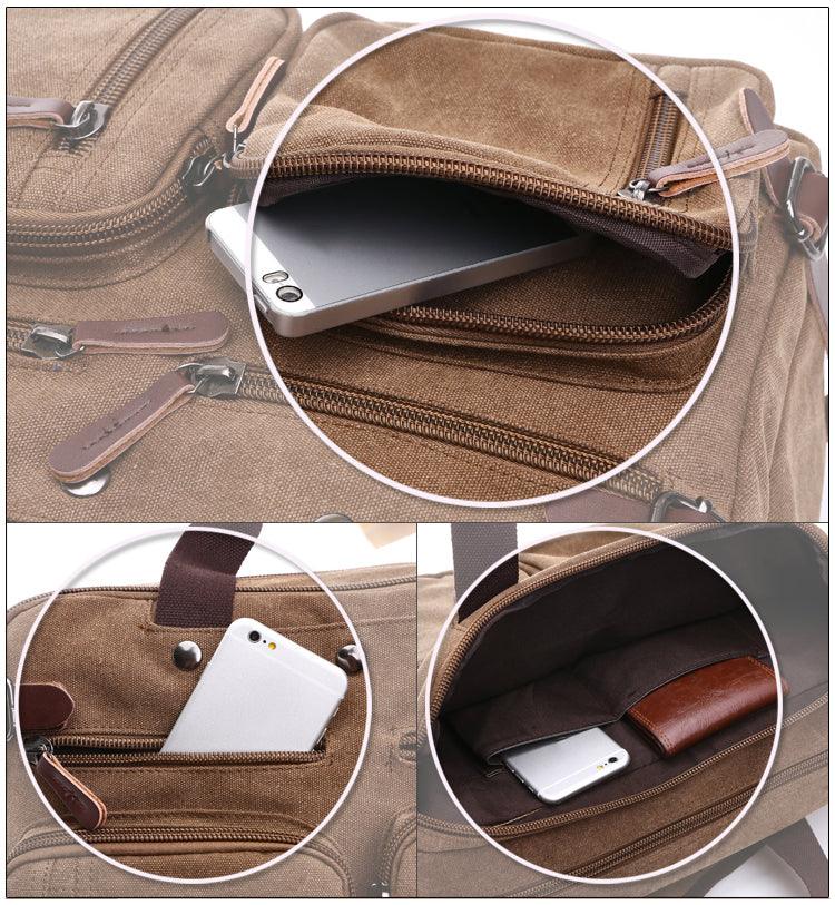 Khaki Vintage Canvas Backpack With Brown Strap Design - Obeezi.com