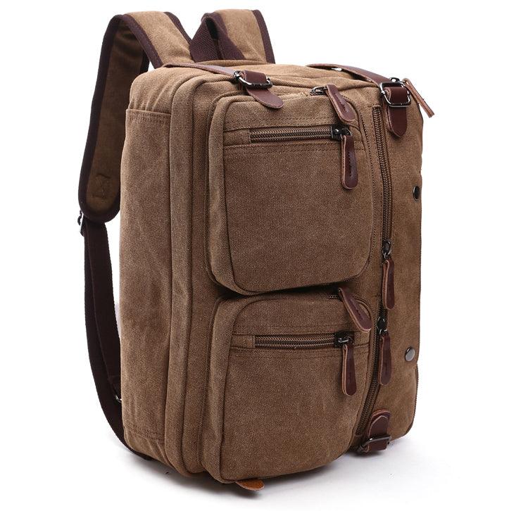 Khaki Vintage Canvas Backpack With Brown Strap Design - Obeezi.com