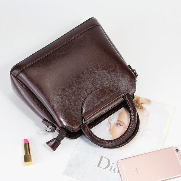 Ladies Genuine Leather Women Tote Handbag - Coffee - Obeezi.com