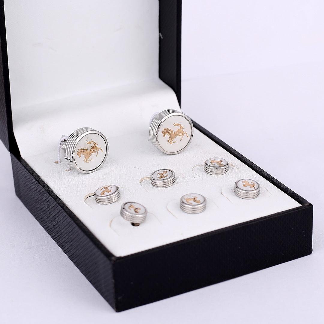 Men's Silver Horse Logo Designed Cufflinks And Six Button Set - Obeezi.com