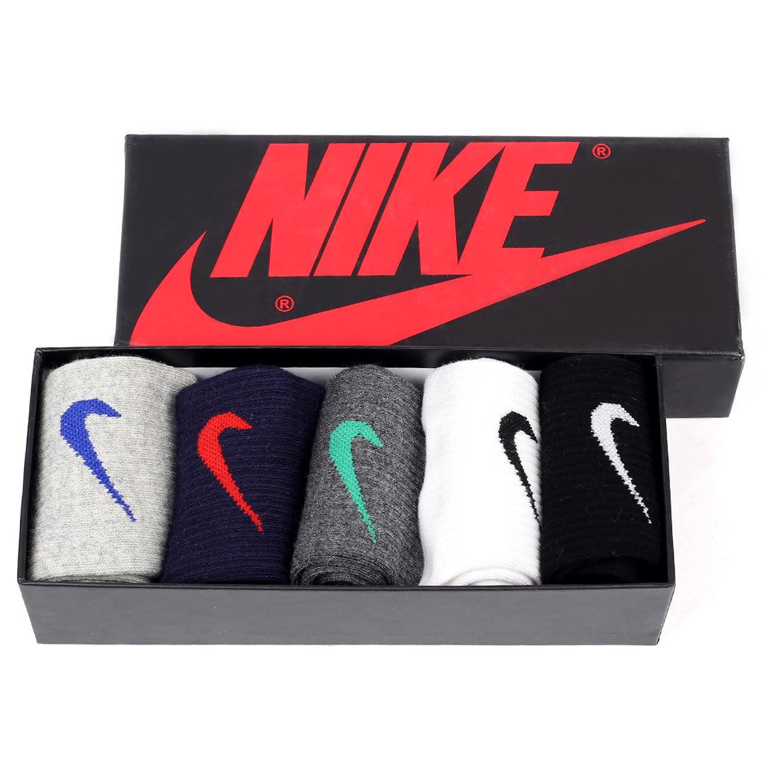 NK 5 In 1 Cotton Black, White Grey Ash and Blue Side Logo Socks - Obeezi.com