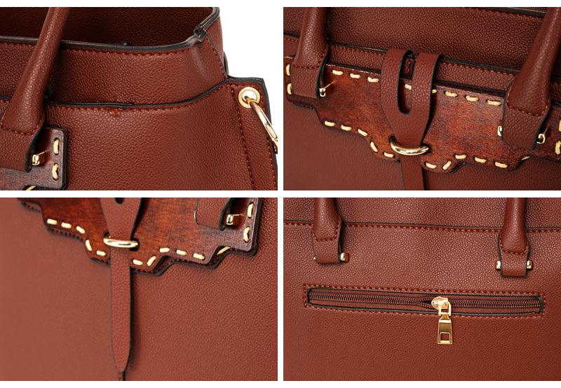 Rad Grey Leather 3 In 1 Handbag With Wood Trimmings - Obeezi.com