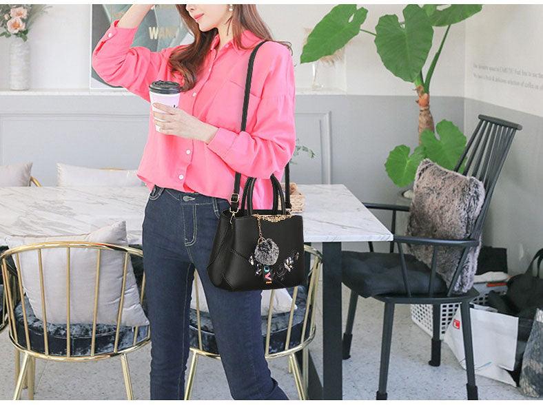 Red Black French Fur Cham Shape Tote Handbag - Obeezi.com