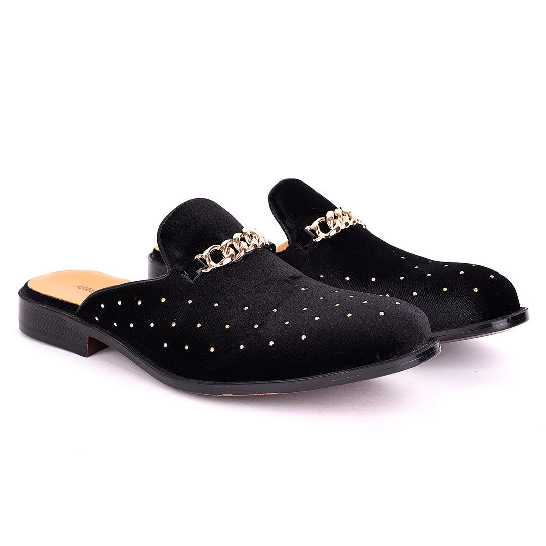 Abraham Mathias Gold Stoned Designed Suede Leather Men's Half Shoe- Black - Obeezi.com