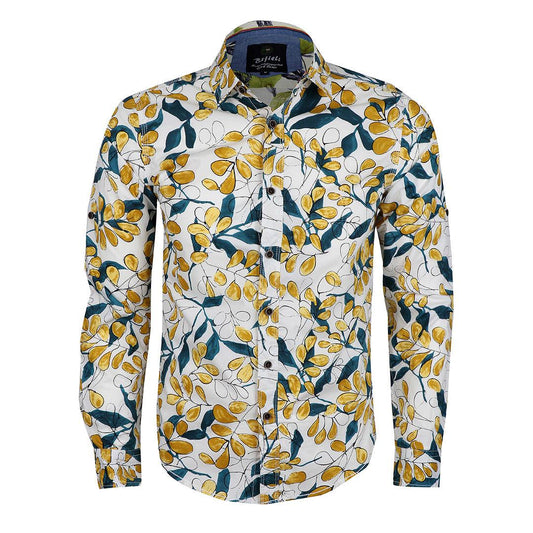 Badgley Finest Quality Yellow Floral Print LongSleeve White Shirt - Obeezi.com