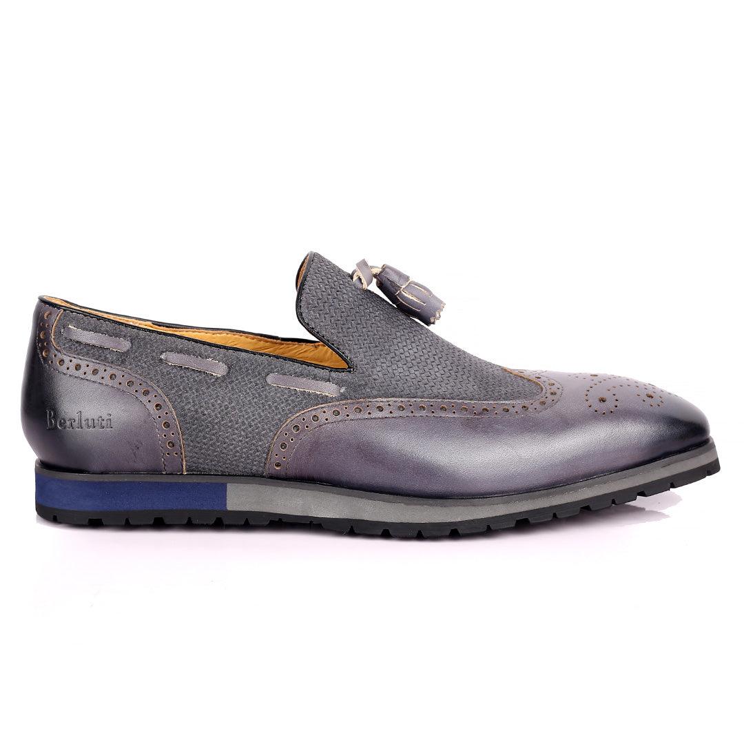 Berlut Brogue And Tassel Designed Grey Leather Shoe - Obeezi.com