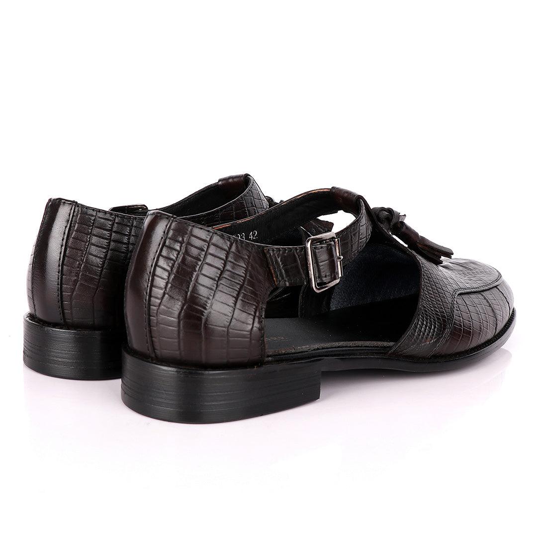 Billionaire Classic Croc Tassel Coffee Leather Sandal Shoe - Obeezi