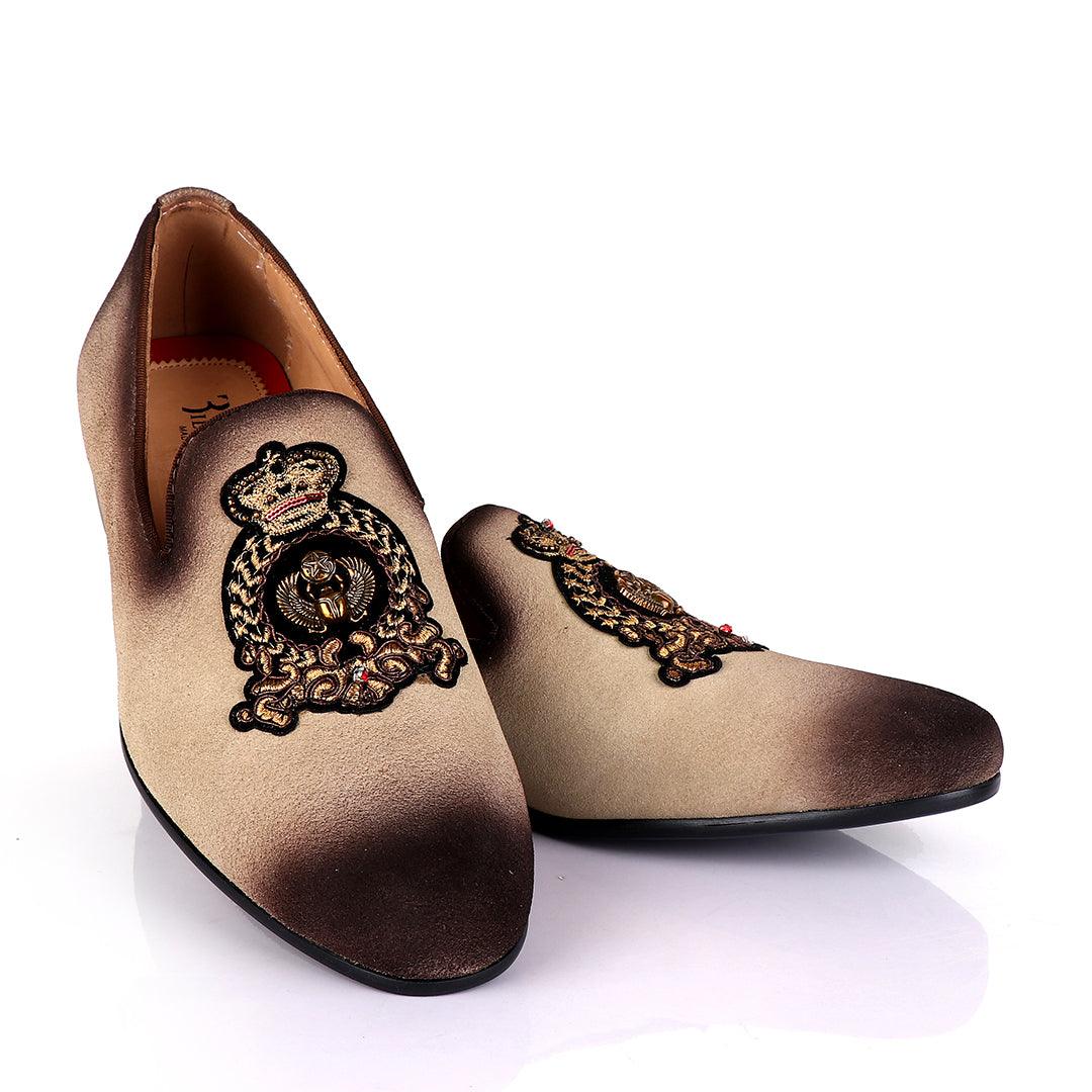 Billionaire Couture Men's Apricot Suede Loafers Shoe with Crown Logo Embroidery - Obeezi