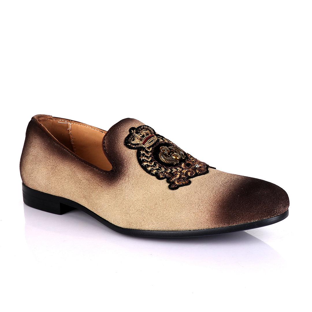 Billionaire Couture Men's Apricot Suede Loafers Shoe with Crown Logo Embroidery - Obeezi