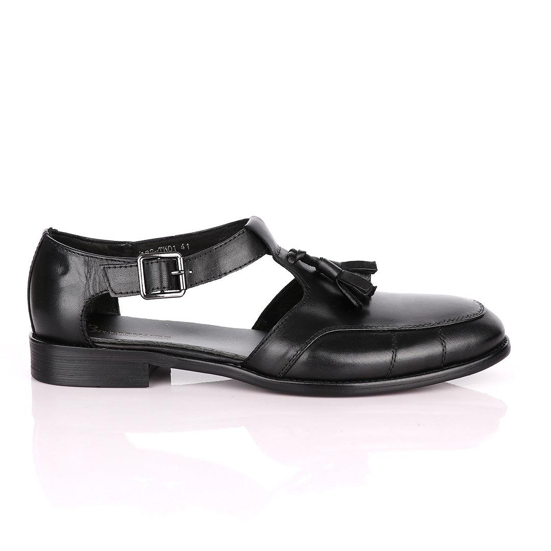 Billionaire Exotic Black Plain with Tassel Cover Leather Sandal - Obeezi