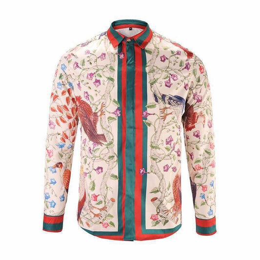 Bird Floral Print Silk-twill Scarf Long sleeve Cream - Obeezi