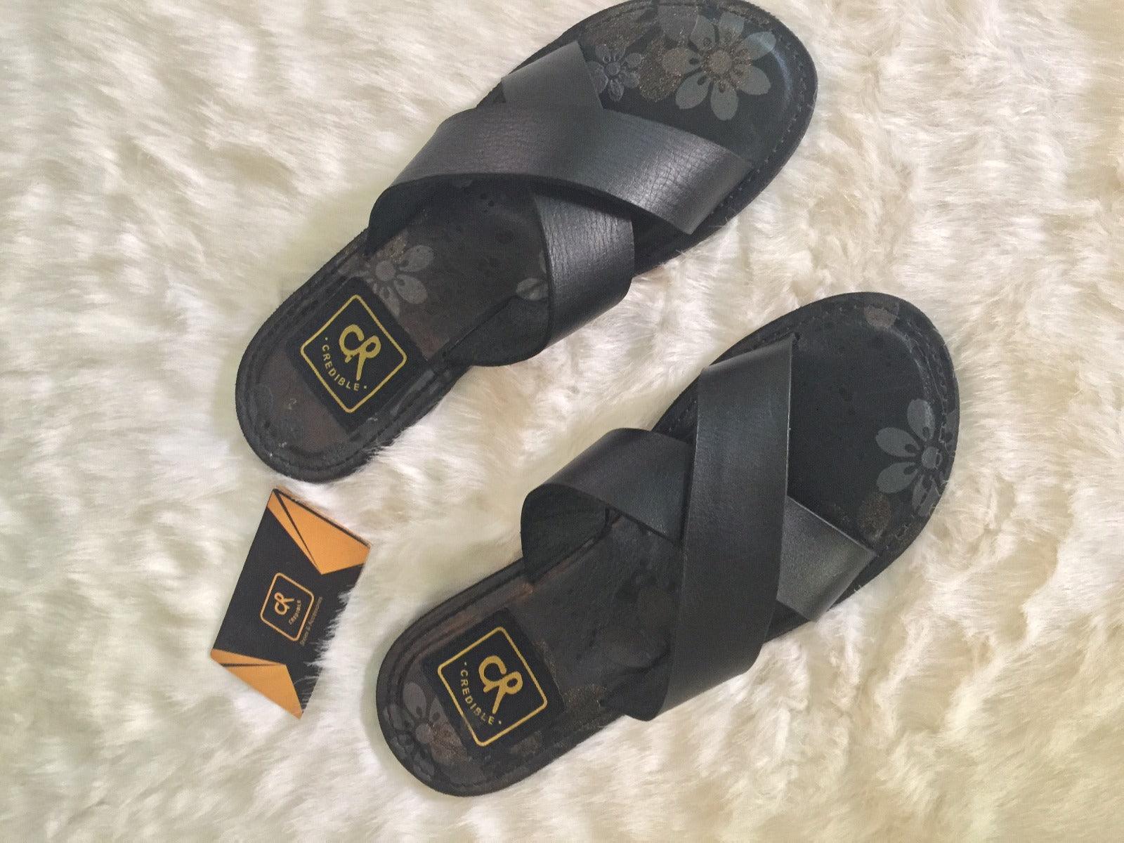 Black X strapped leather slippers -Black - Obeezi