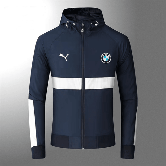 BMW Moto Color Blocked Design Zip Down Hooded Polythene Men's Jacket- Navy Blue - Obeezi.com