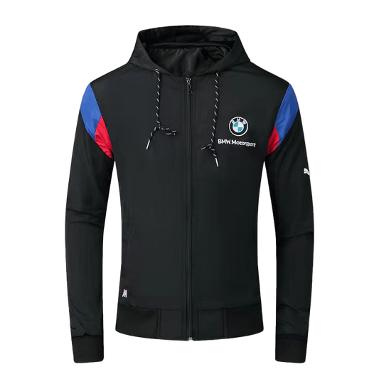 BMW Moto Side Crested Zip Down Hooded Polythene Men's Jacket- Black - Obeezi.com