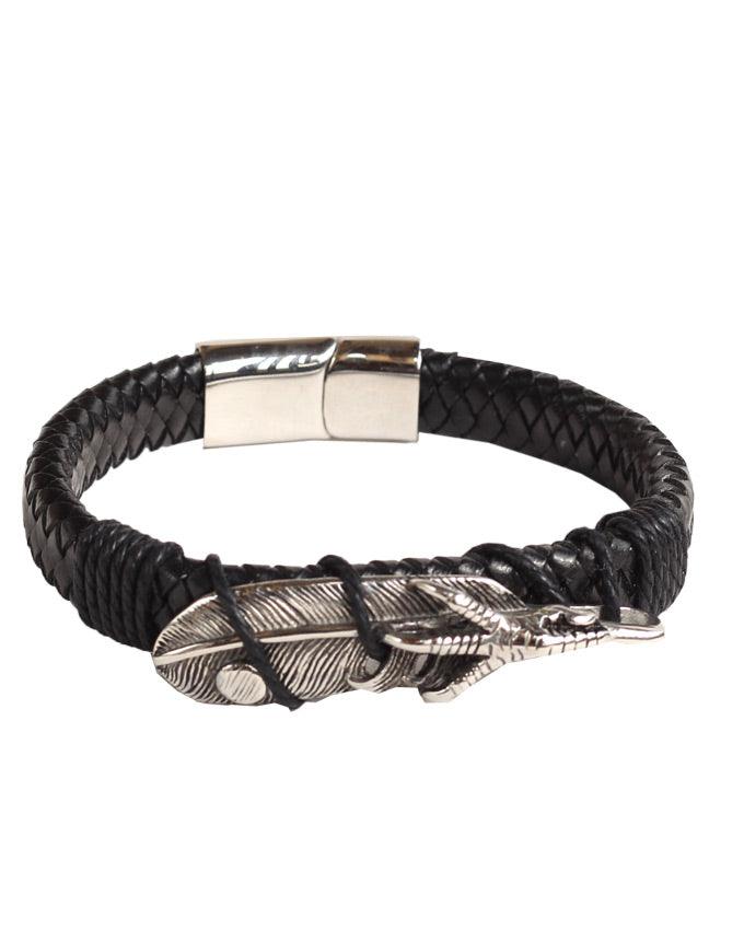 Boho Feather Antique Silver Leaf Bracelet Black - Obeezi.com