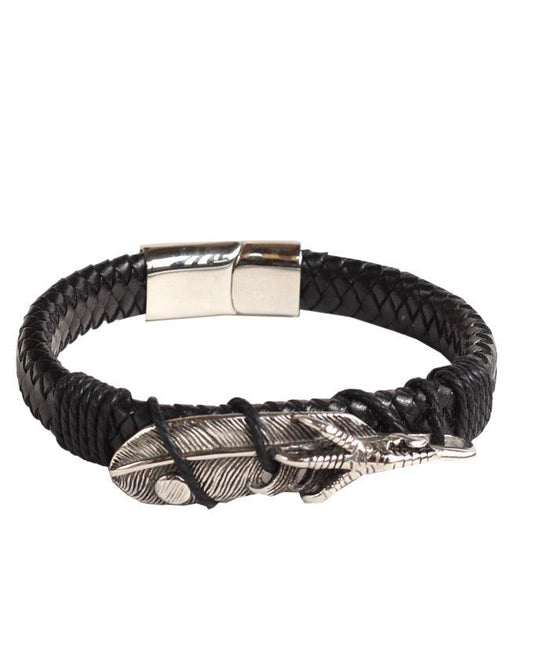Boho Feather Antique Silver Leaf Bracelet Black - Obeezi.com