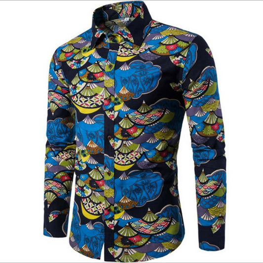 Classic Vintage Blue Print long sleeve shirt - Obeezi