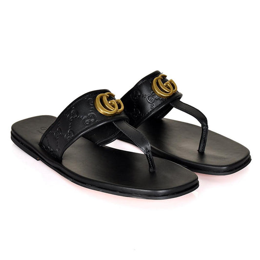 GC Created Leather Gold Logo Slippers- Black - Obeezi.com