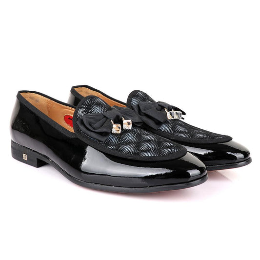 John Foster Glossy Black Bow Stone Designed Leather Shoe - Obeezi