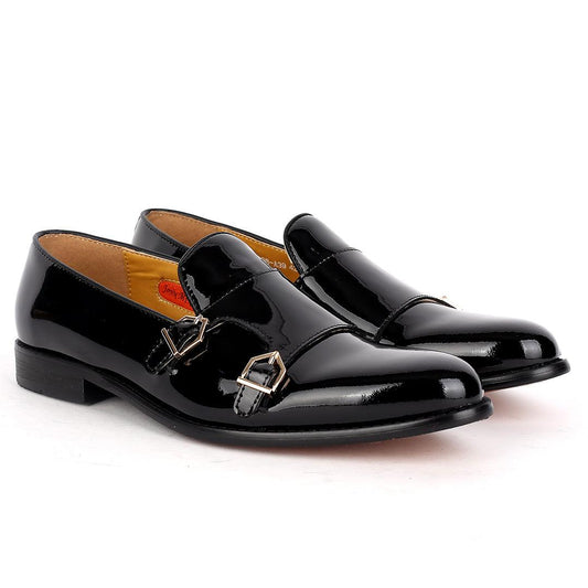 John Foster Plain Glossy Leather Skin With Double Straps Designed -Black - Obeezi.com