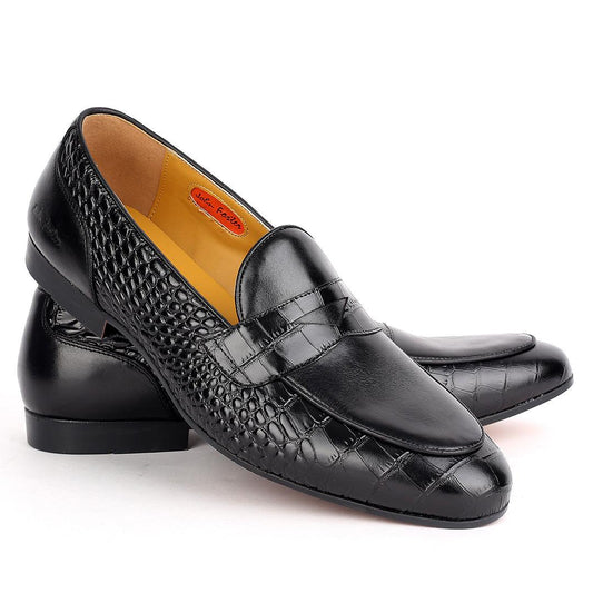 John Foster Side Croc Skin Single Belt Designed Men's Shoe - Black - Obeezi.com