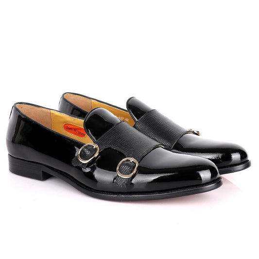 John Mendson Daytonaline Double Monk Straps Wetlooks Leather Shoe- Black - Obeezi.com