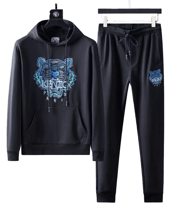 Kenz Paris Full Embroidered Tiger Head Hooded Tracksuit - Black - Obeezi.com