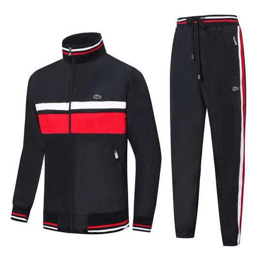 Men's Sport Branded Bands Colour Block Tracksuit-Black Red - Obeezi.com