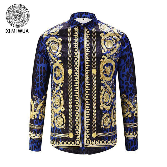 VE Vintage Collection Trim Fit Blue Yellow Mix WIth Tiger Skin Print Shirt - Obeezi