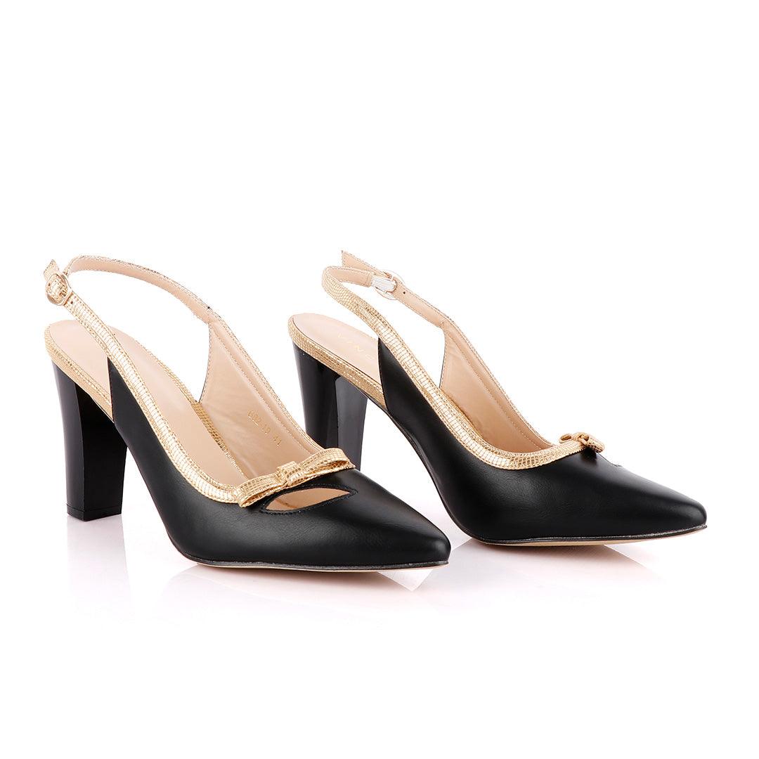 Vincci Classic Ladies Pointed Toe Pumps Buckle Black And Gold Heels Shoe - Obeezi