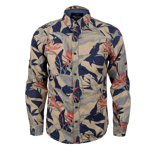 Vintage Floral flower Printed Long Sleeve Slim Fit Button Up-Brown - Obeezi