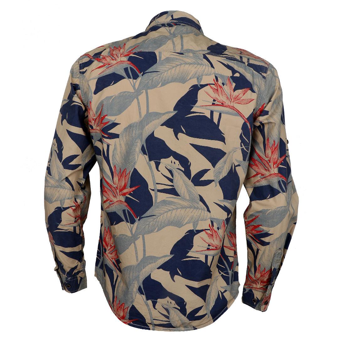 Vintage Floral flower Printed Long Sleeve Slim Fit Button Up-Brown - Obeezi