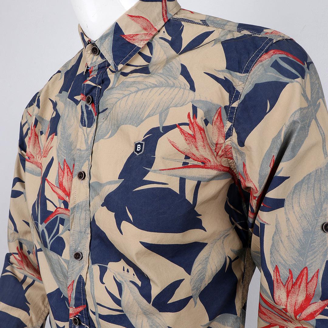 Vintage Floral flower Printed Long Sleeve Slim Fit Button Up-Brown - Obeezi