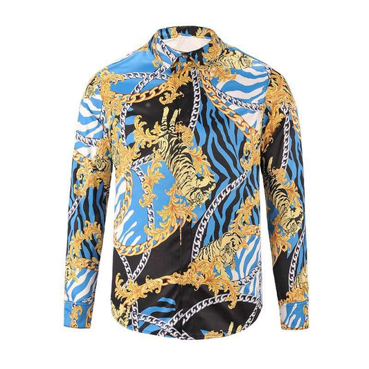 Vintage VE Quilted Silk Baroque Longsleeve Shirt -Blue - Obeezi