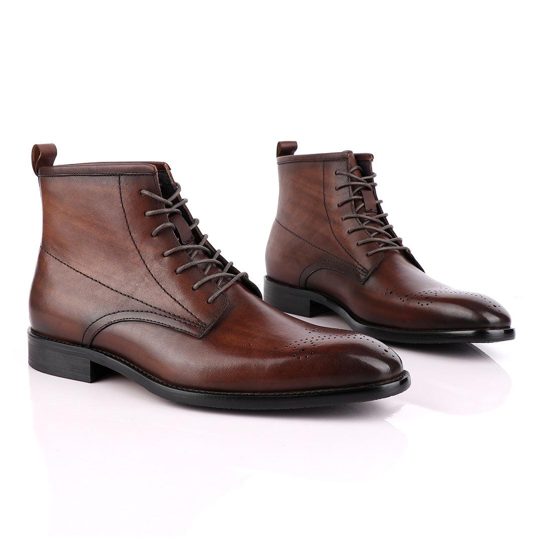 Zara High tops Brogues Lace-up Leather Chelsea Coffee Boot - Obeezi
